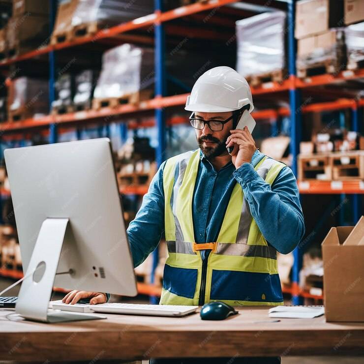 azad seo wearhouse worker talking cell phone while wearing hard hat holding phone his ear 1268911 521