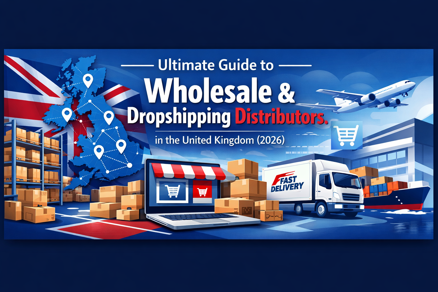 Wholesale and Dropshipping Distributors uk 2026 guide banner with UK map, warehouse, ecommerce and shipping elements